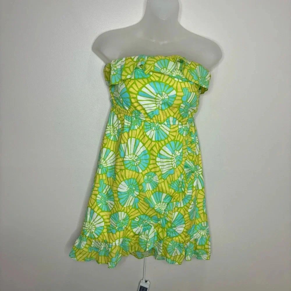 Lilly Pulitzer Strapless Summer Dress Blue Yellow Ruffled Hems size small